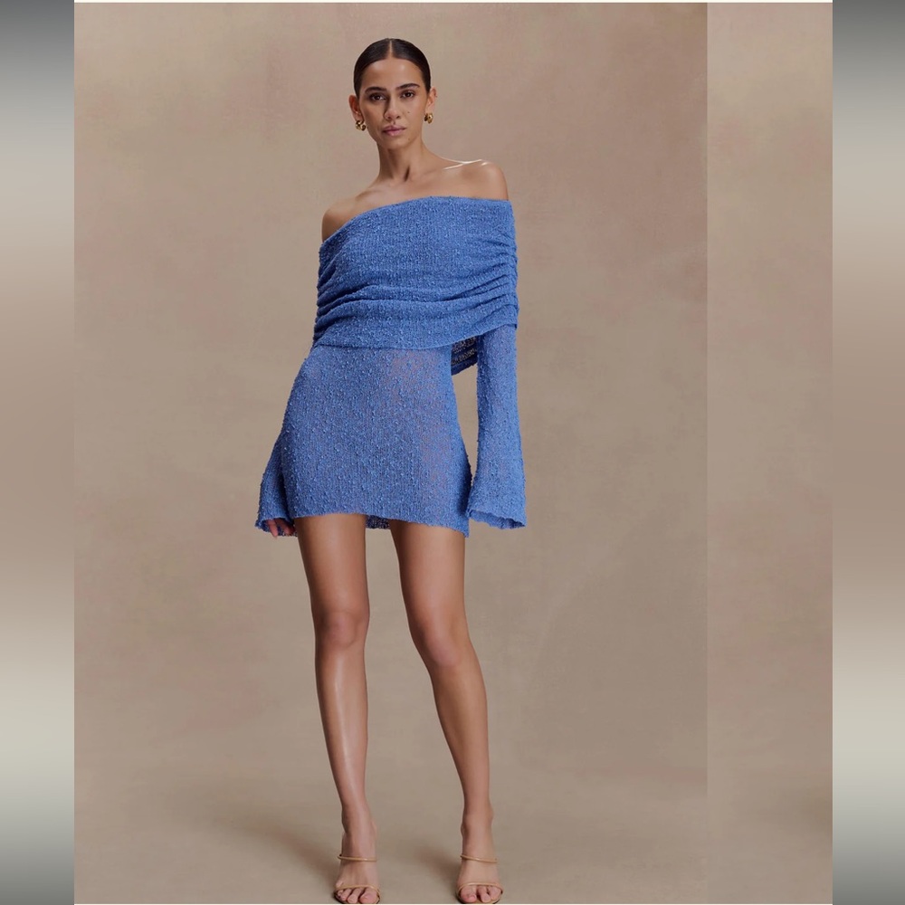 Meshki Periwinkle Blue Off-Shoulder Knit Mini Dress